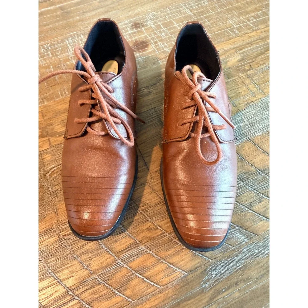 Kenneth Cole Boys Cognac Leather Straight Line Cap Toe Dress Shoes Size 12 Kids